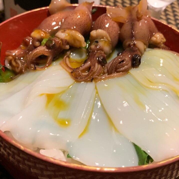 ご飯もお酒もすすむ、イカとホタルイカの２色丼